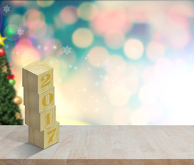 Wall Mural - Empty wood table Happy New Year 2017 on christmas bokeh wall for product display montage. Holiday concept.

