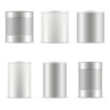 Tin Can Collection Including White Can, Metal Can, Aluminum Can. Different Sizes Of Cans With Plastic Cap For Baby Powder Milk, Tee, Coffee, Cereal, And Other Products. Packaging Set. Vector Mockup.