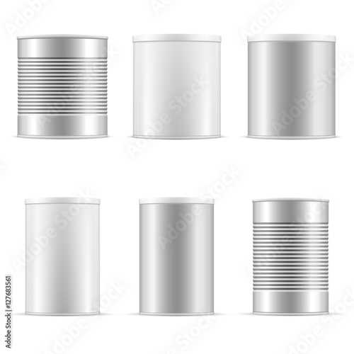 Download Tin Can Collection Including White Can Metal Can Aluminum Can Different Sizes Of Cans With Plastic Cap For Baby Powder Milk Tee Coffee Cereal And Other Products Packaging Set Vector Mockup Stock