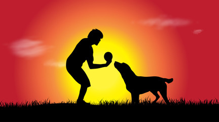 Poster - Vector silhouette of man with dog.