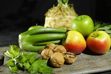 Ingredients for Waldorf salad -  celery, apples, walnuts