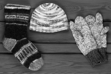 winter woolen socks, hat and mittens