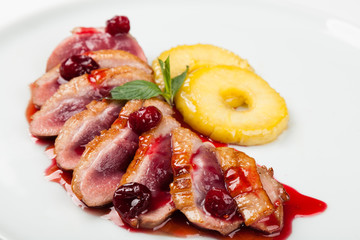 Wall Mural - grilled duck meat with cherry sauce