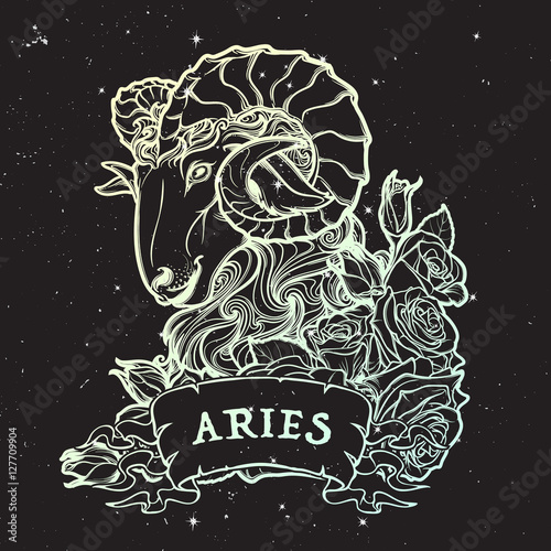 Zodiac sign of Aries with a decorative frame of roses Astrology concept ...