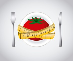 Wall Mural - plate with tomato and yellow measurement tape and fork and knife over white background .healthy food for dieting. colorful design. vector illustration