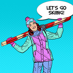 Wall Mural - Pop Art Happy Woman with Ski on Winter Holidays. Vector illustration