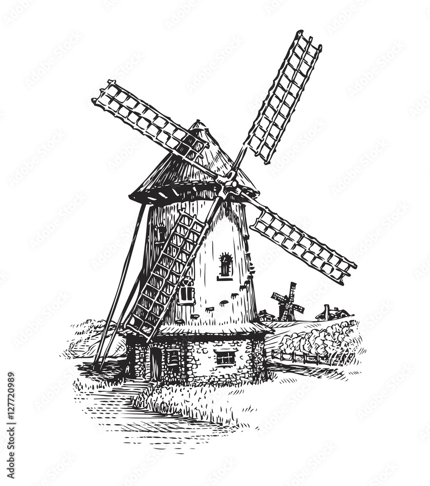 Windmill. Hand drawn vintage sketch vector illustration Stock Vector ...