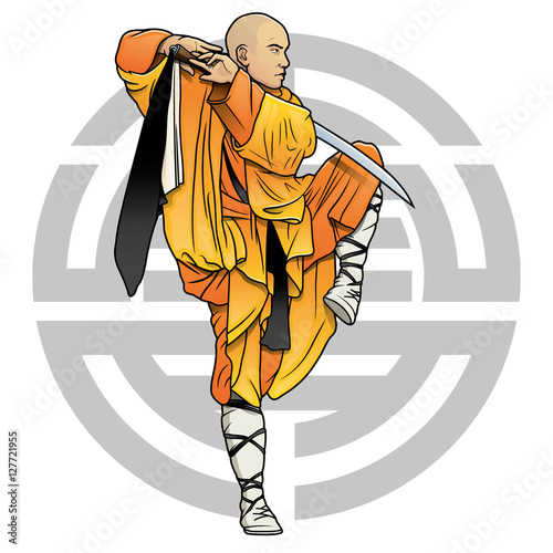 Fotografia shaolin monk with sword and chinese "Shou" symbol (Longevity)