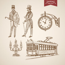 Engraving Hand Vector Chandelier Tram Clock Gentleman