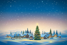 Winter Festive Landscape With Village And Christmas Trees. Raster Illustration.