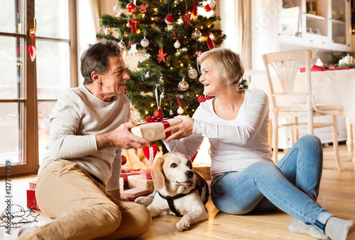 Foto-Banner aus PVC - Senior couple in front of Christmas tree with presents. (von Halfpoint)