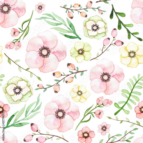 Materiał do szycia Akwarela różowe, żółte i zielone kwiaty, jagody i liście Seamless Pattern