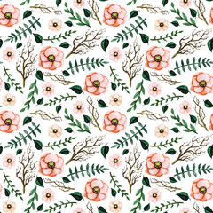  Watercolor Seamless Pattern with Light Red Flowers, Tree Branches and Little Green Leaves