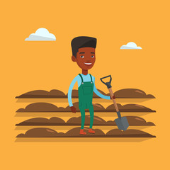 Sticker - Farmer with shovel at field vector illustration.