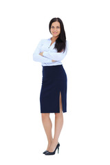 portrait of young business woman in a business suit on a white b