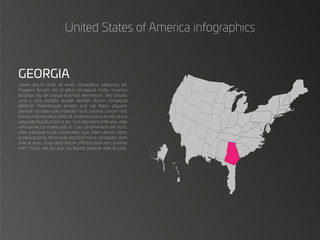 Canvas Print - United States of America, aka USA or US, map infographics template. 3D perspective dark theme with pink highlighted Georgia, state name and text area on the left side.