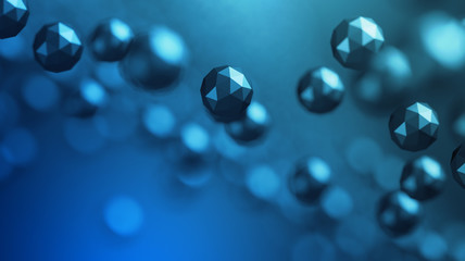 Poster - Abstract 3d rendering of chaotic low poly particles. Flying polygonal spheres in empty space. Futuristic background with bokeh effect. Poster design.