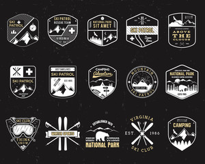 stamps for outdoors camp. different tourism hipster style patch and badges. expedition emblem. winte