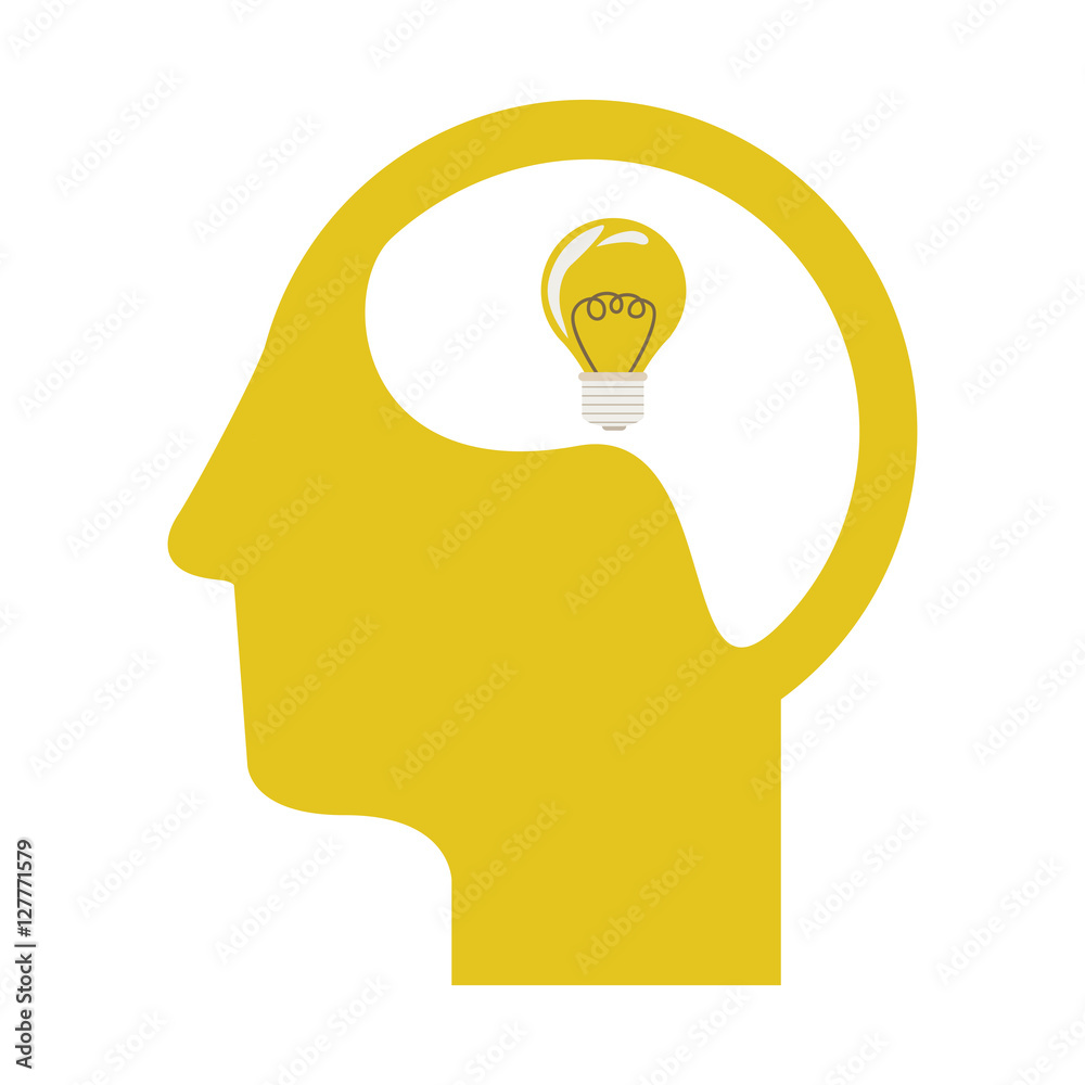 yellow silhouette head and human brain with light bulb vector ...