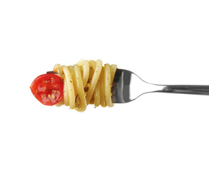 Wall Mural - Fork with pasta and tomato on white background