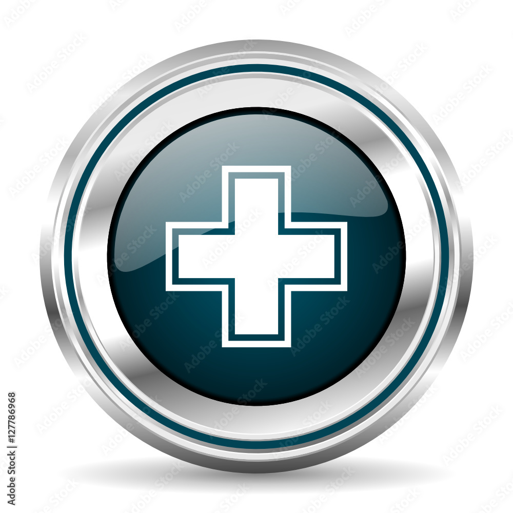 Medicine vector icon. Chrome border round web button. Silver metallic pushbutton.