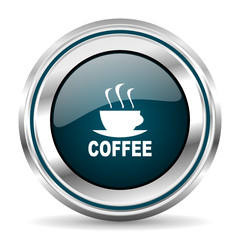 Poster - Coffee cup vector icon. Chrome border round web button. Silver metallic pushbutton.