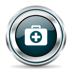 Poster - First aid vector icon. Chrome border round web button. Silver metallic pushbutton.