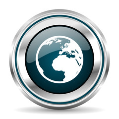Poster - Earth vector icon. Chrome border round web button. Silver metallic pushbutton.