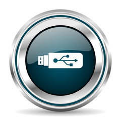Fototapete - Flash drive vector icon. Chrome border round web button. Silver metallic pushbutton.