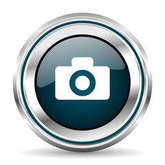 Poster - Photo camera vector icon. Chrome border round web button. Silver metallic pushbutton.