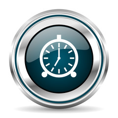 Poster - Alarm clock vector icon. Chrome border round web button. Silver metallic pushbutton.