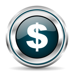 Poster - Us Dollar vector icon. Chrome border round web button. Silver metallic pushbutton.