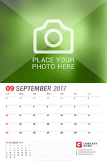 Wall Calendar Planner for 2017 Year. Vector Print Template with Place for Photo. Week Starts on Sunday. 2 Months on Page. September