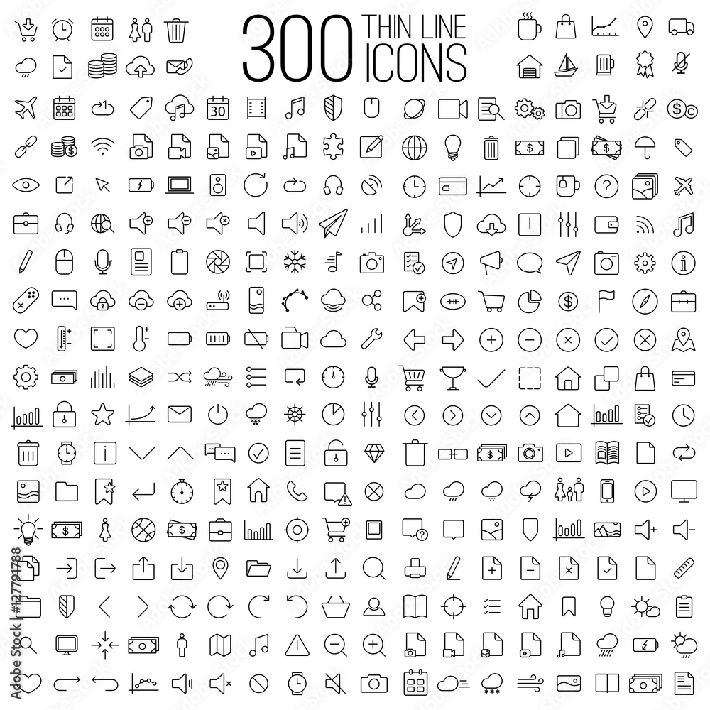 300 thin line universal icons set of finance, marketing, shoppin - obrazy, fototapety, plakaty 