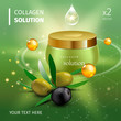 Realistic Collagen Cream Bottle on green background. Vector illustration