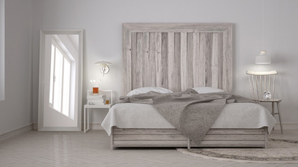 DIY bedroom, bed with wooden headboard, scandinavian white eco c