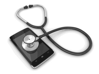 Poster - Touchscreen smartphone and stethoscope. Image with clipping path.
