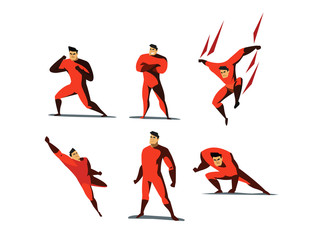 Vector illustration set of Superhero actions, different poses.