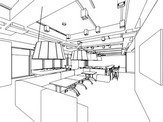 interior outline sketch drawing perspective of a space office