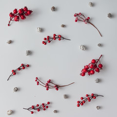 Wall Mural - Creative bright pattern made of branches with red berries and pi