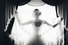 Silhouette Of A Bride Is Standing At The Window And Holding A Veil. Black And White Portrait Of A Bride From The Back.