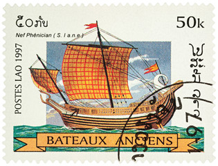 Sticker - Ancient Phoenician ship on postage stamp