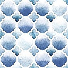 Morrocan Ornament Of Blue Colors On White Background. Watercolor Seamless Pattern. Riverside And Airy Blue