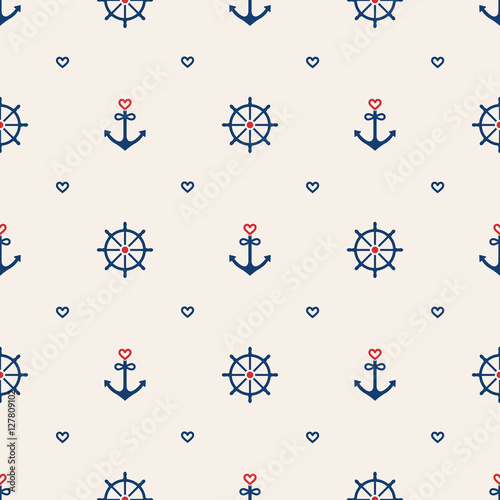 Plakat na zamówienie Nautical seamless pattern background with anchors, wheels and he