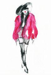 Woman in elegant fur coat. Watercolor fashion illustartion