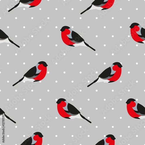 Cotton fabric Seamless pattern in polka dot with bullfinch. Ornament for textile and wrapping. Vector background.