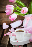 Fototapeta Tulipany - Coffee, hearts and tulips