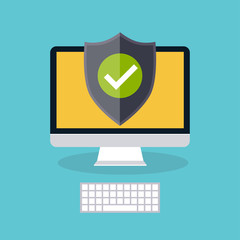 Poster - Computer display with protection shield. Trendy flat icon. Prote