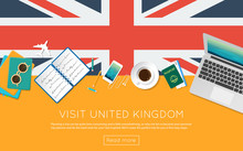 Visit United Kingdom Concept For Your Web Banner Or Print Materials. Top View Of A Laptop, Sunglasses And Coffee Cup On United Kingdom National Flag. Flat Style Travel Planninng Website Header.