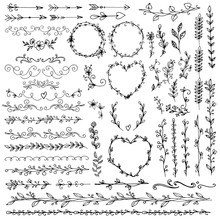 Set Of Doodle Floral Elements And Arrows